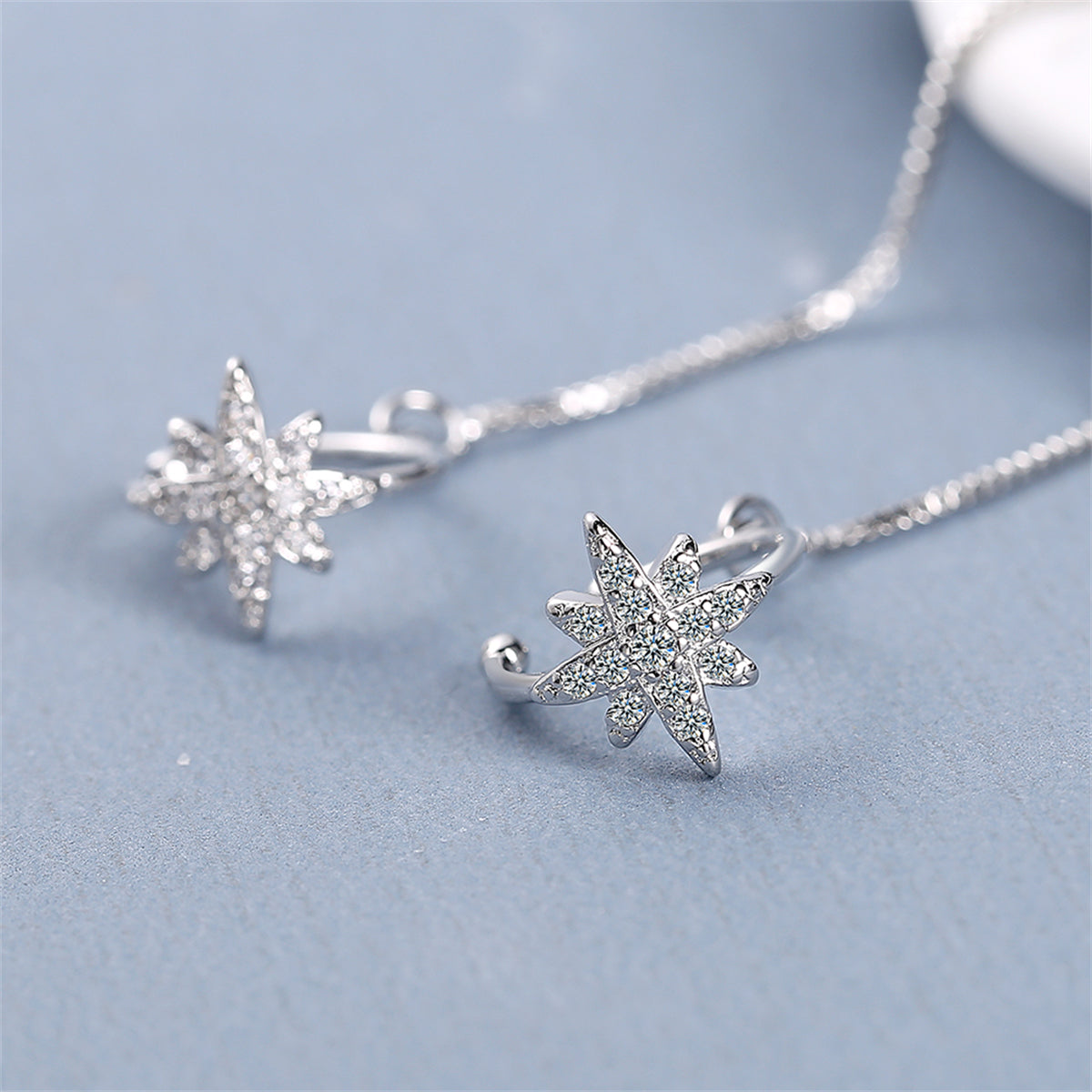 Cubic Zirconia and Silver-Plated Star Ear Cuff and Threader, silver drop earrings for women, lifestyle look
