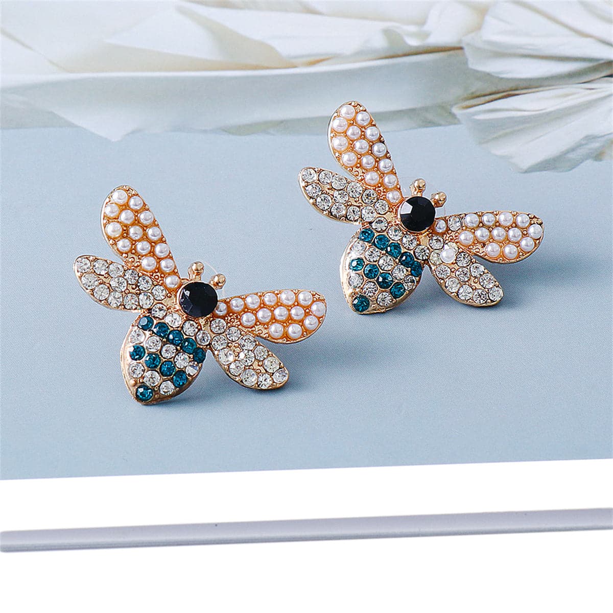 Blue Cubic Zirconia and Pearl 18K Gold-Plated Bee Stud Earrings, gold stud earrings for women, lifestyle look