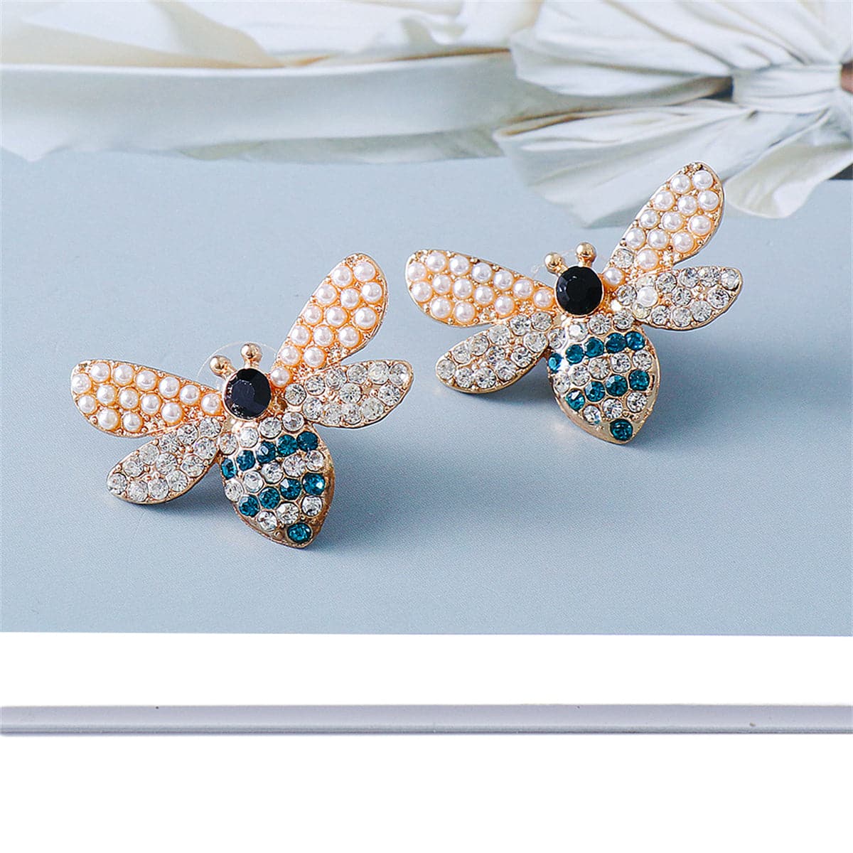 Blue Cubic Zirconia and Pearl 18K Gold-Plated Bee Stud Earrings, gold stud earrings for women, styled look