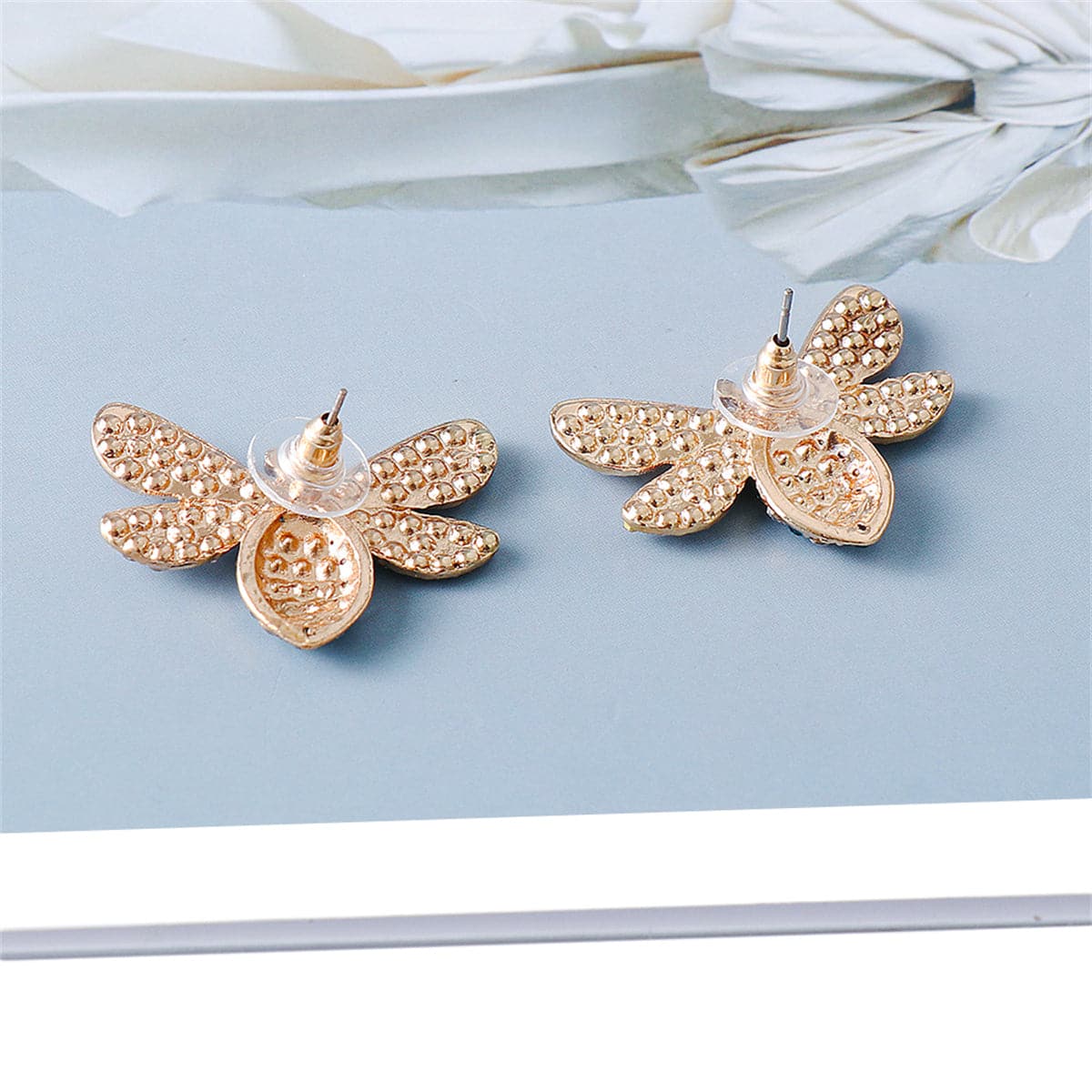 Blue Cubic Zirconia & Pearl 18K Gold-Plated Bee Stud Earrings