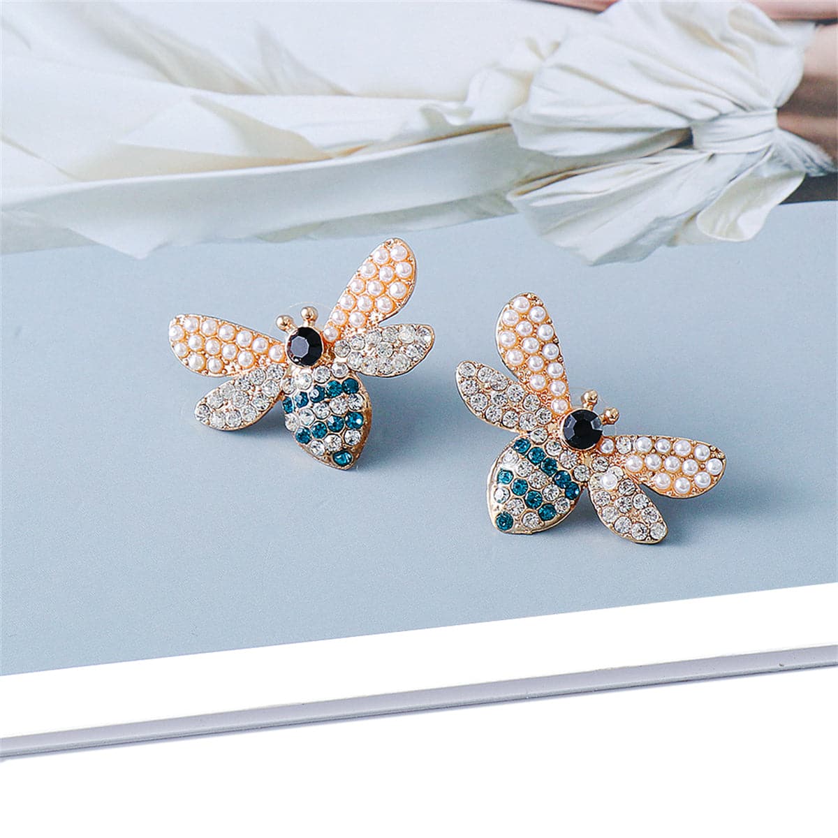 Blue Cubic Zirconia and Pearl 18K Gold-Plated Bee Stud Earrings, gold stud earrings for women, detail close-up