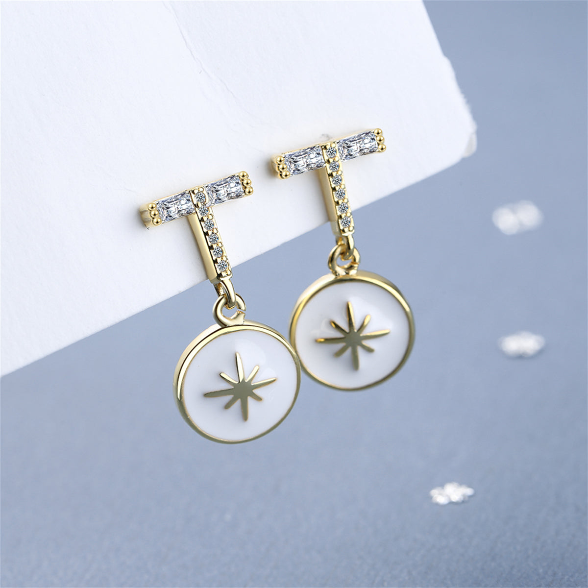 Cubic Zirconia and Enamel 18K Gold-Plated Star Drop Earrings, gold drop earrings for women, elegant gift for her, side view