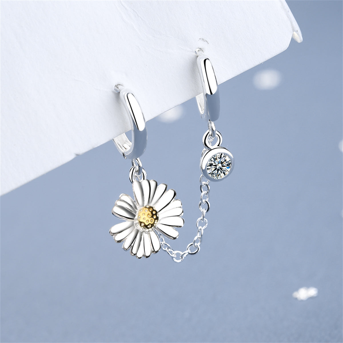 Cubic Zirconia and Two-Tone Mum Chain Huggie Earring, huggie earrings, botanical inspired, front view