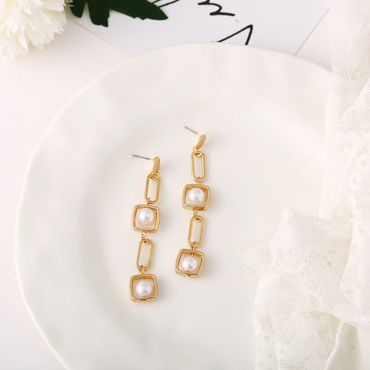 Pearl & 18K Gold-Plated Geometric Drop Earrings
