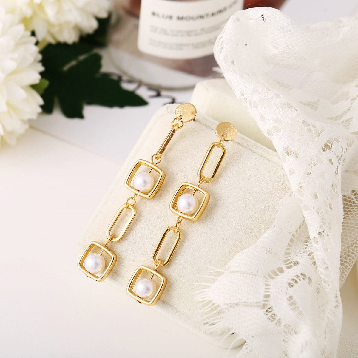 Pearl & 18K Gold-Plated Geometric Drop Earrings