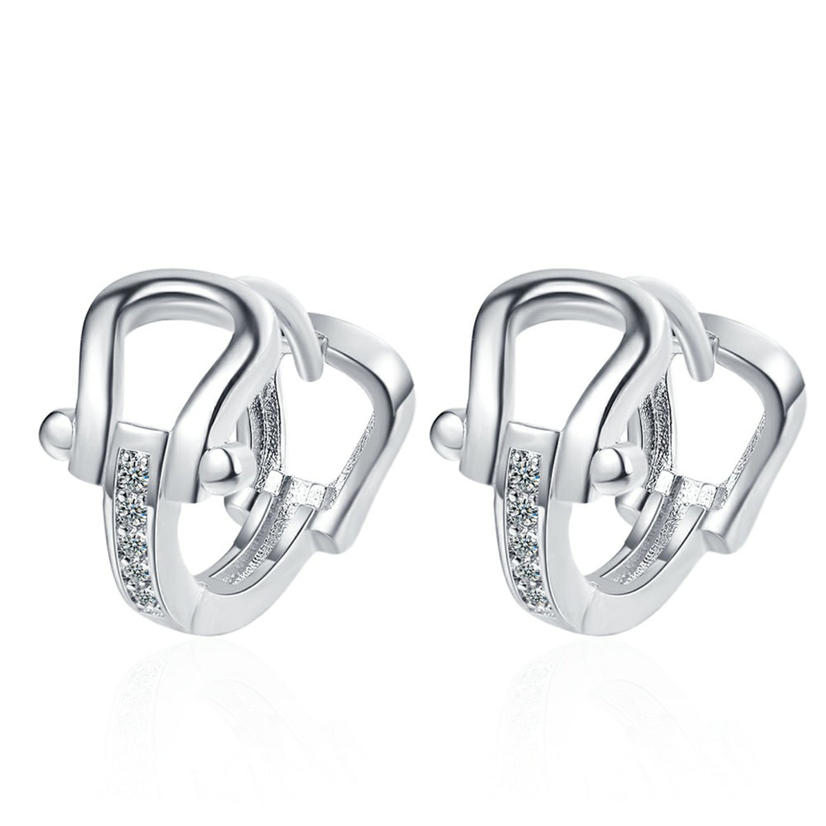 Cubic Zirconia and Silver-Plated Vachette Clasp Huggie Earrings, silver huggie earrings, elegant gift for her, front view