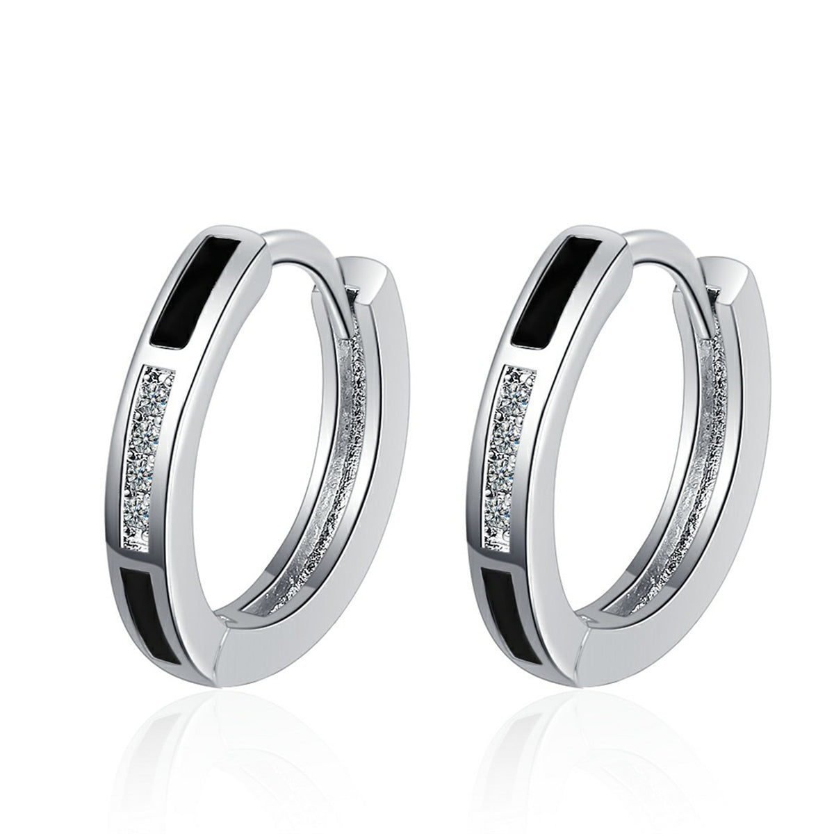 Black and Cubic Zirconia Huggie Earrings, huggie earrings, vintage-inspired design, front view