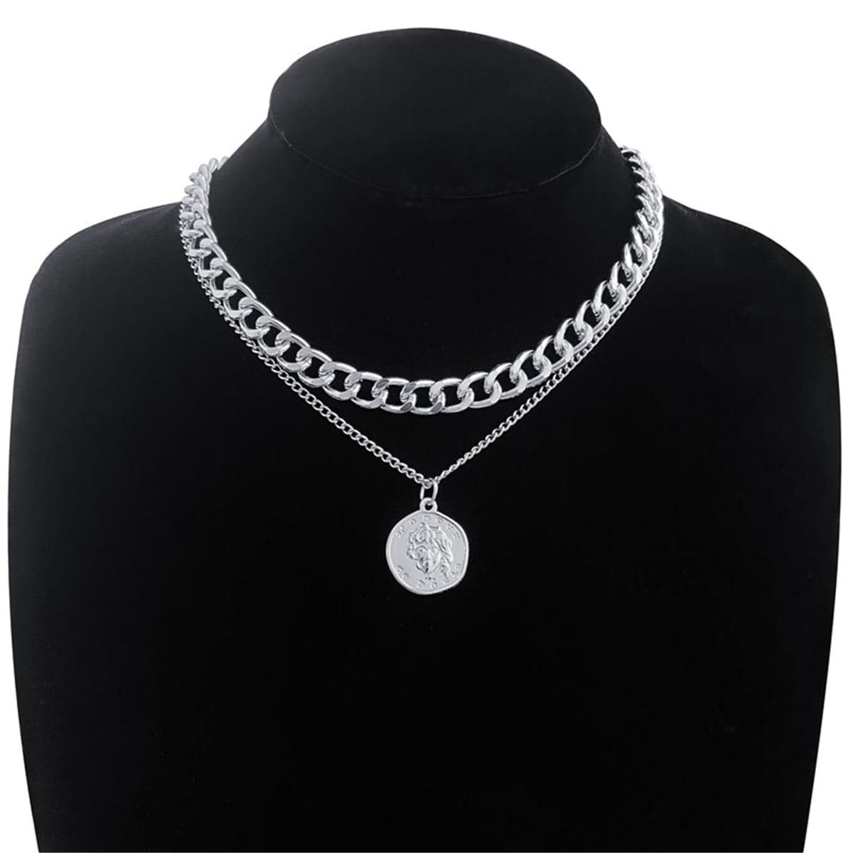 Silver-Plated Coin Figaro Pendant Necklace, silver pendant necklace for women, everyday style, front view