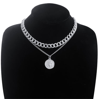 Silver-Plated Coin Figaro Pendant Necklace, silver pendant necklace for women, everyday style, front view
