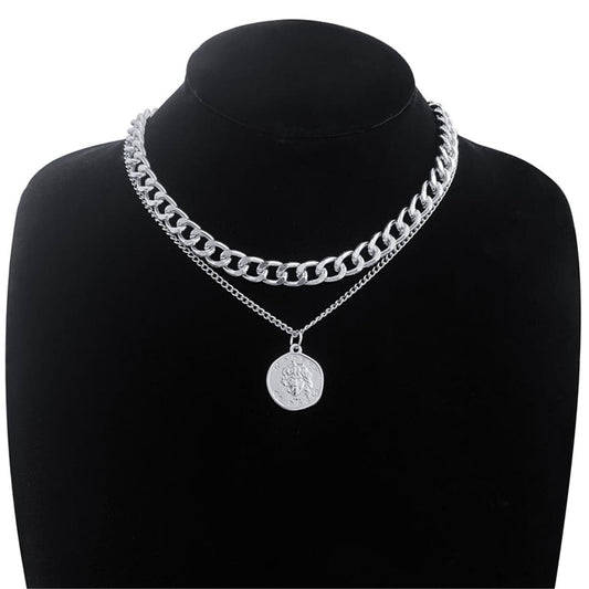 Silver-Plated Coin Figaro Pendant Necklace, silver pendant necklace for women, everyday style, front view