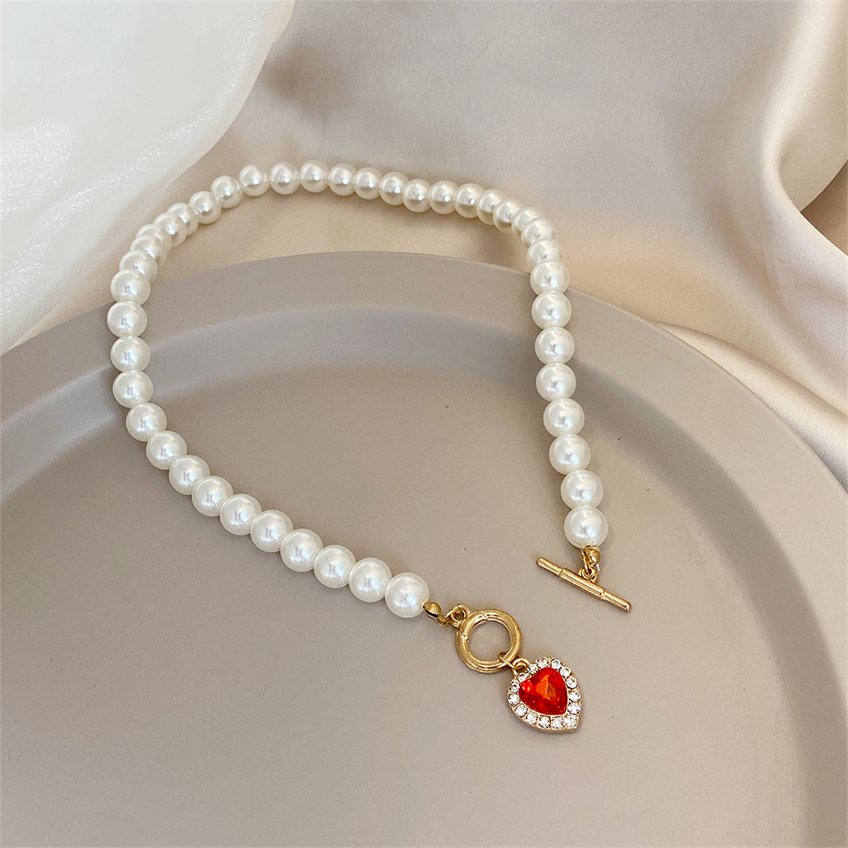 Crystal & Pearl 18K Gold-Plated Beaded Heart Pendant Necklace