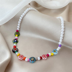 Howlite & Acrylic Pearl Flower Station Necklace
