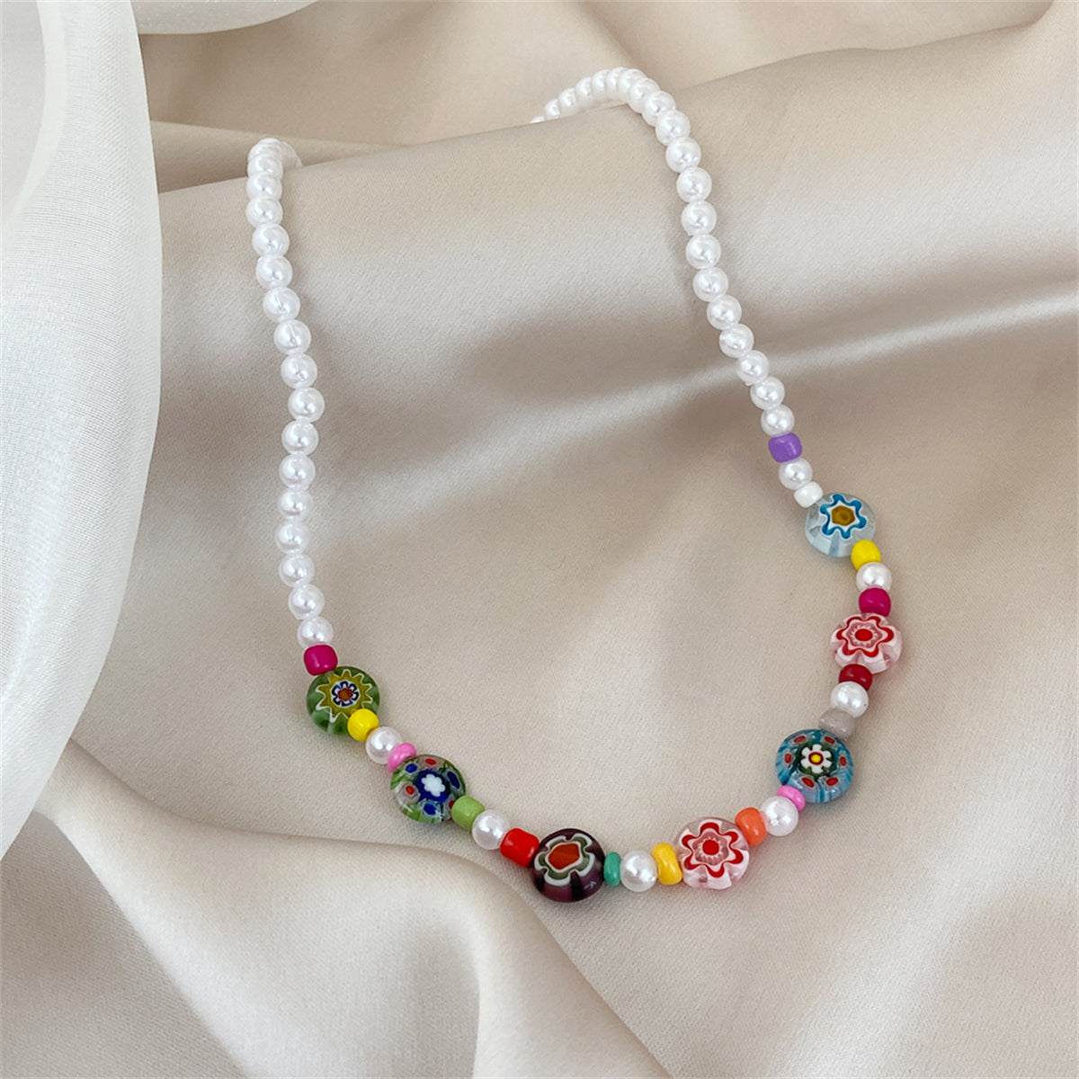 Howlite & Acrylic Pearl Flower Station Necklace