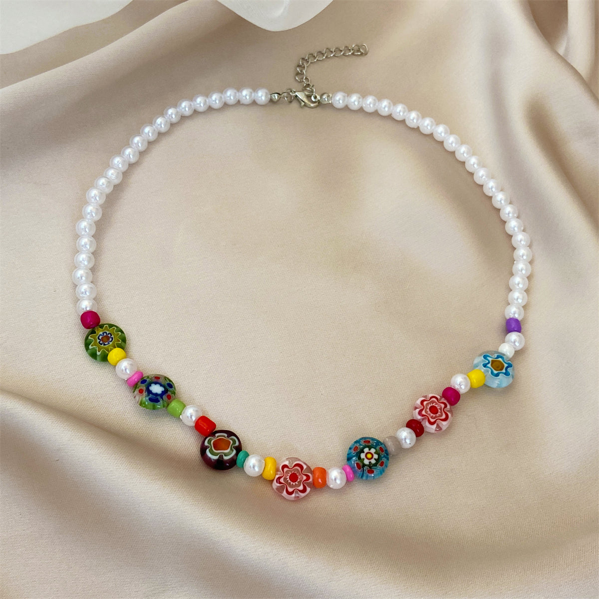 Howlite & Acrylic Pearl Flower Station Necklace