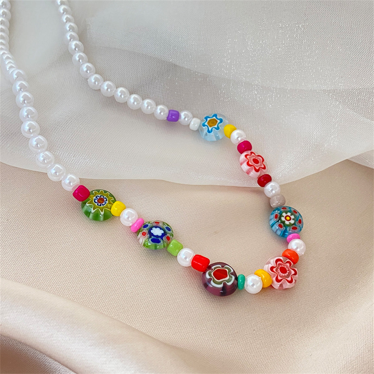 Howlite & Acrylic Pearl Flower Station Necklace