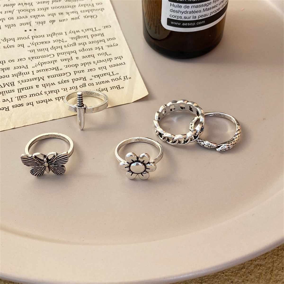 Silver-Plated Butterfly Snake Flower Ring Set