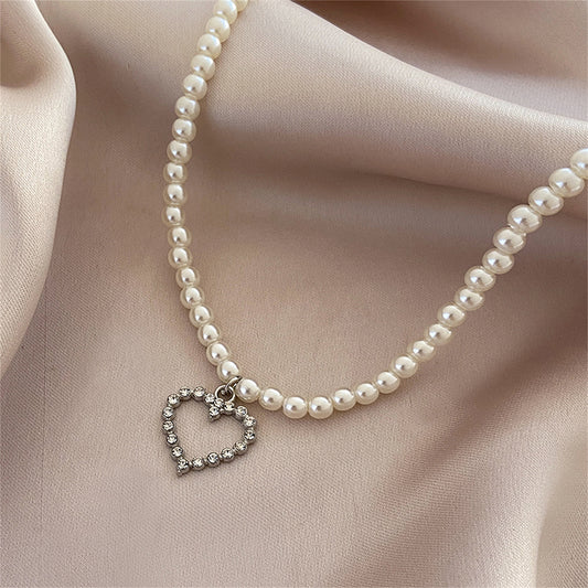Cubic Zirconia and Pearl Silver-Plated Open Heart Pendant Necklace, silver pendant necklace for women, front view