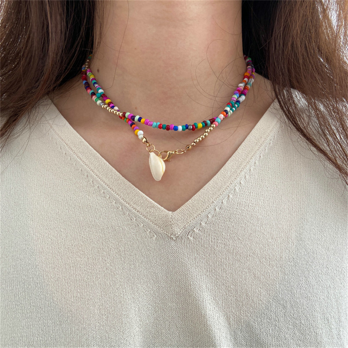 Mulitcolor Howlite and Shell Pendant Necklace, pendant necklace for women, everyday style, front view