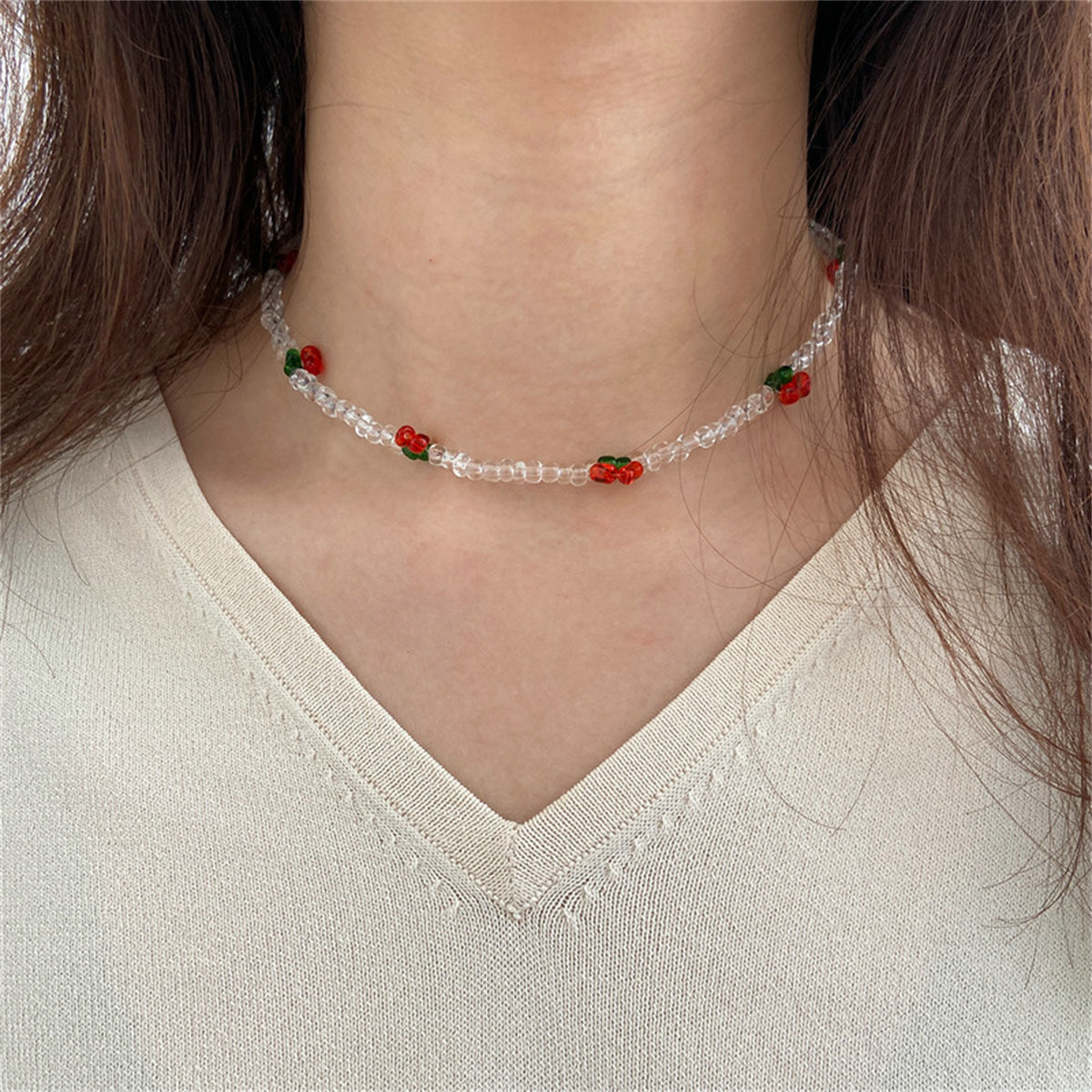 White & Red Beaded Cherry Station Necklace
