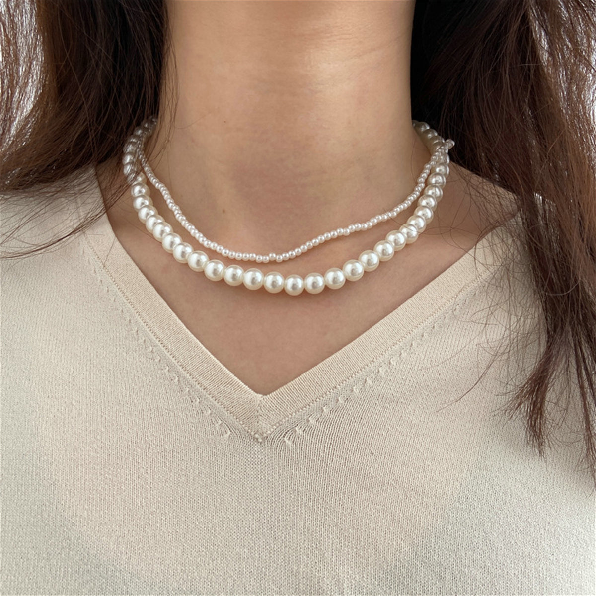 Silver-Plated and Pearl Layered Necklace, silver pendant necklace for women, dainty minimalist design, front view