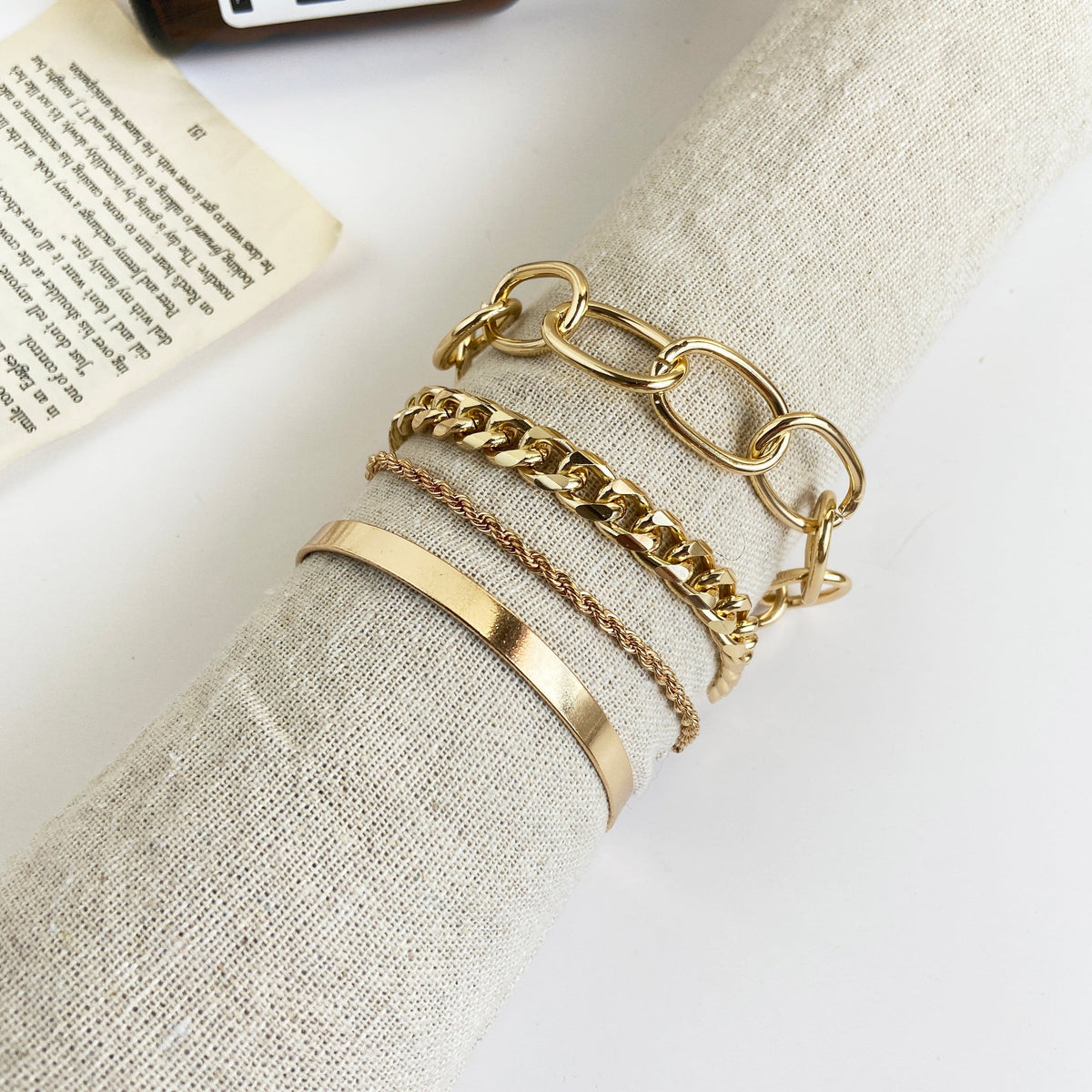 18K Gold-Plated Figaro Bracelet Set, jewelry gift sets for women, everyday style, side view