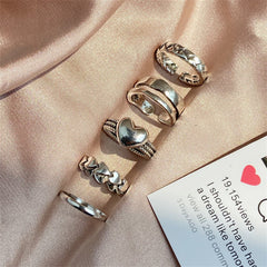 Silver-Plated Heart Textured Chevron Open Ring Set