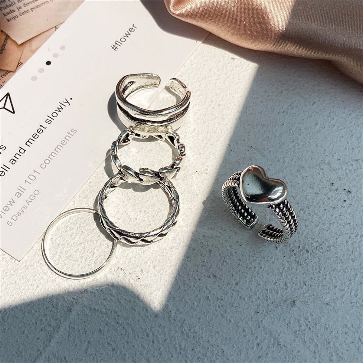 Silver-Plated Heart Textured Chevron Open Ring Set