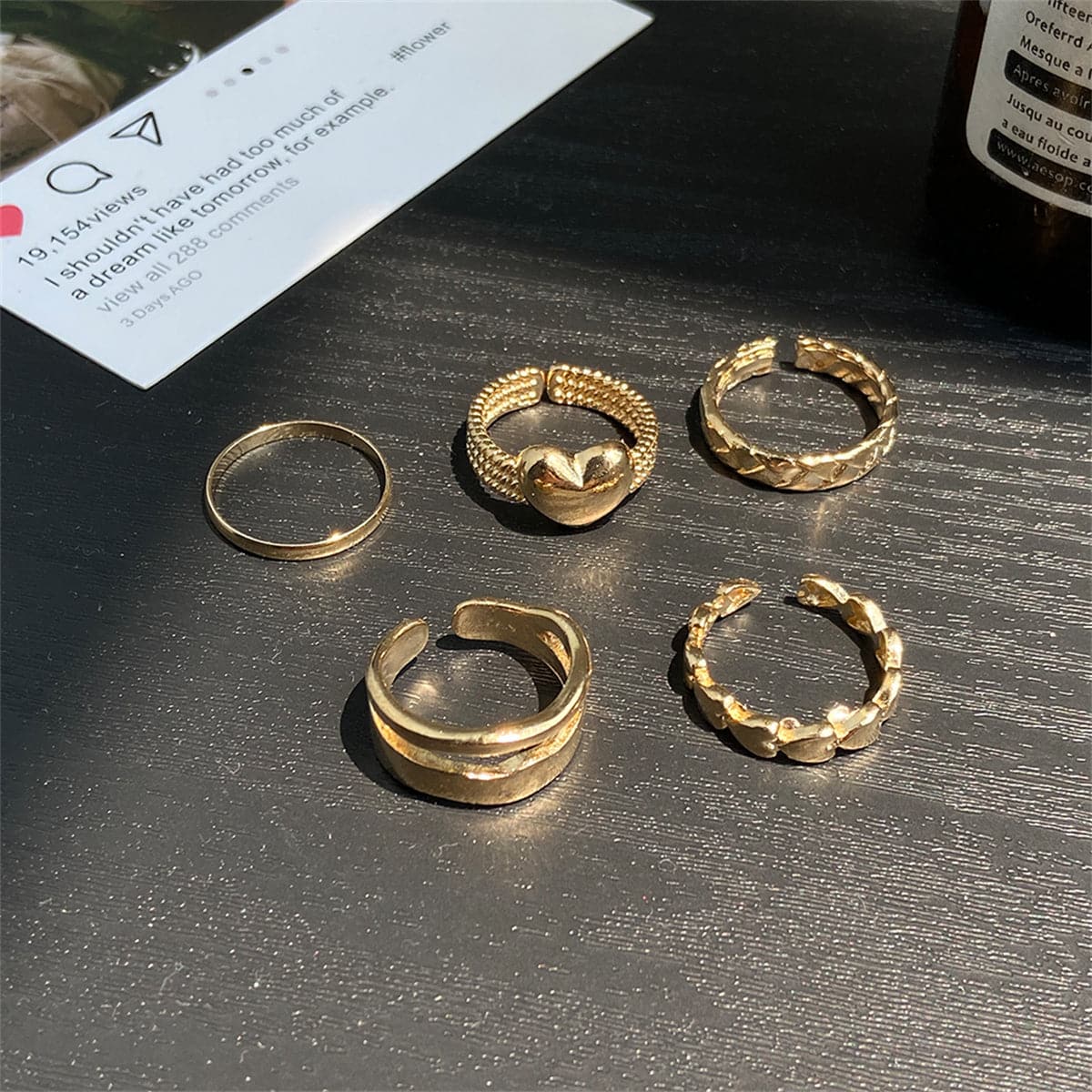18K Gold-Plated Heart Textured Chevron Open Ring Set