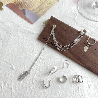 Silver-Plated Leaf and Star Clip Earrings Set, silver drop earrings for women, everyday style, front view