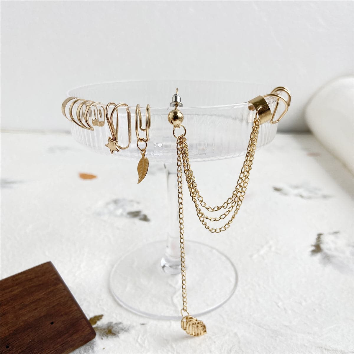 18K Gold-Plated Leaf Star Cuff Earring Set, gold drop earrings for women, botanical inspired, lifestyle look