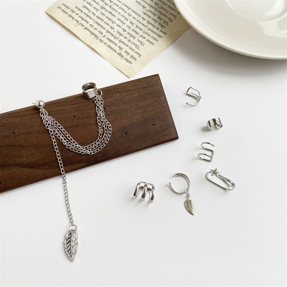 Silver-Plated Leaf and Star Clip Earrings Set, silver drop earrings for women, everyday style, lifestyle look