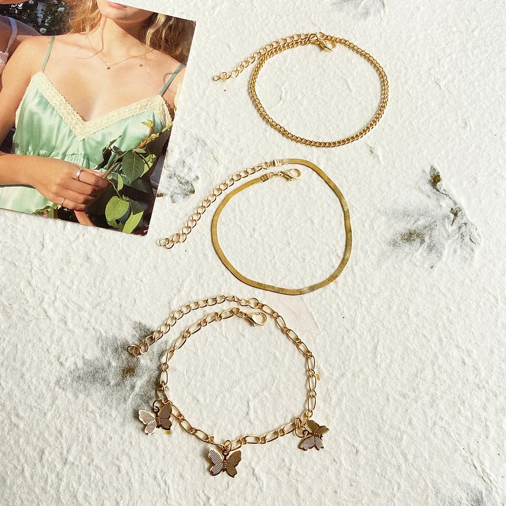 18K Gold-Plated Butterfly Charm Bracelet Set, jewelry gift sets for women, dainty minimalist design, styled look