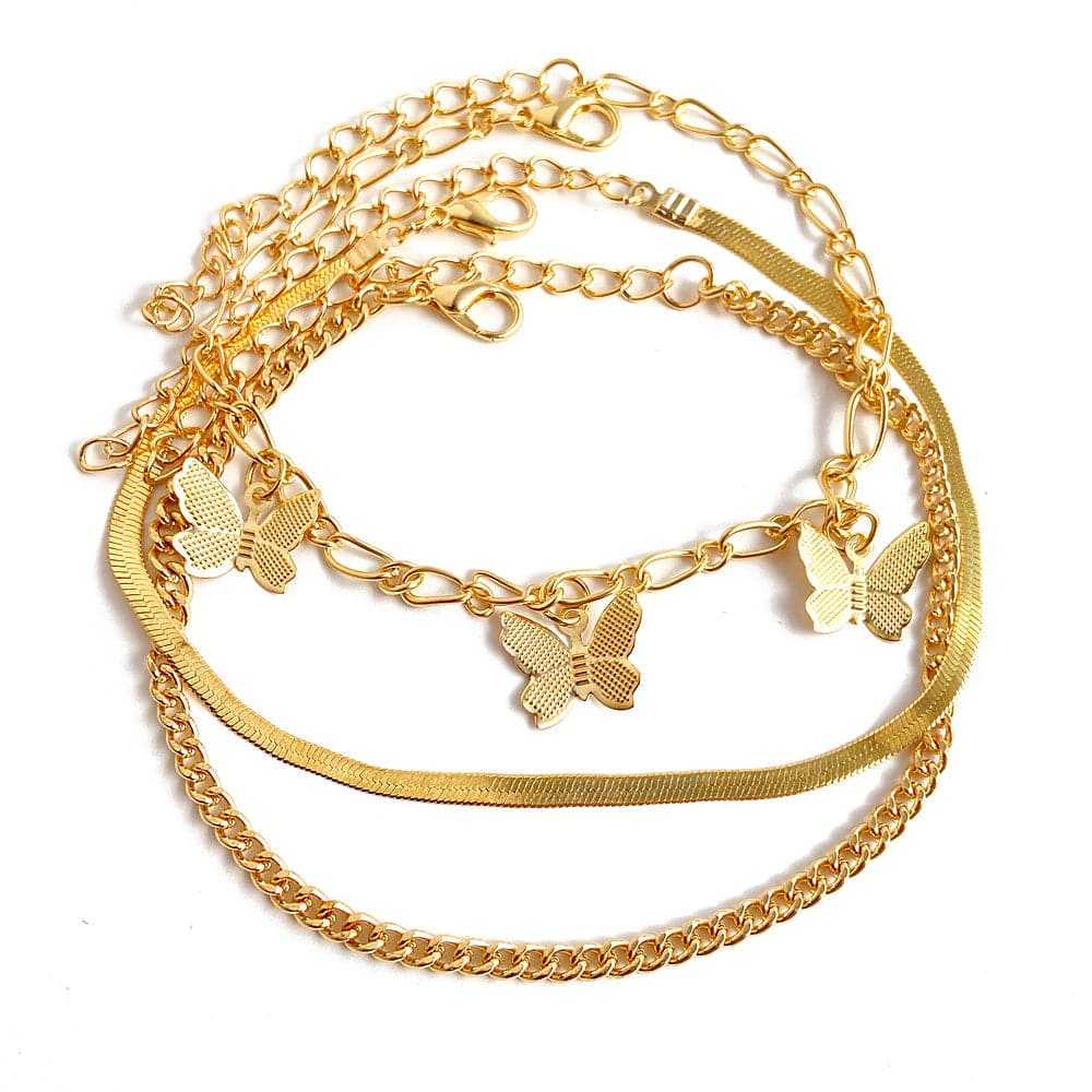 18K Gold-Plated Butterfly Charm Bracelet Set, jewelry gift sets for women, dainty minimalist design, front view