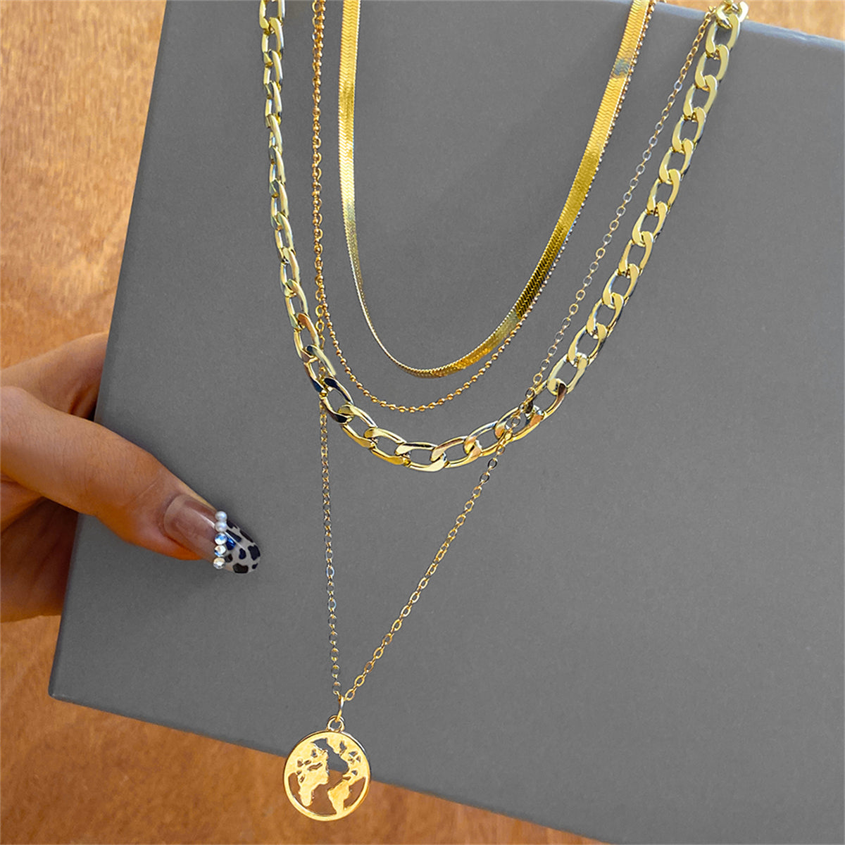 18K Gold-Plated Curb and Snake Chain Map Pendant Layered Necklace, gold pendant necklace for women, side view