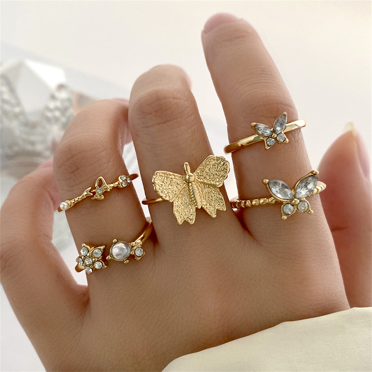 Pearl & Cubic Zirconia 18K Gold-Plated Moonstone-Accent Butterfly Ring Set