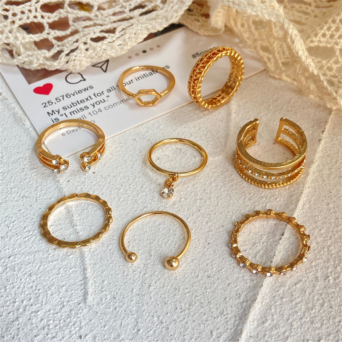 Cubic Zirconia and 18K Gold-Plated Openwork Bypass Ring Set, jewelry gift sets for women, lifestyle look