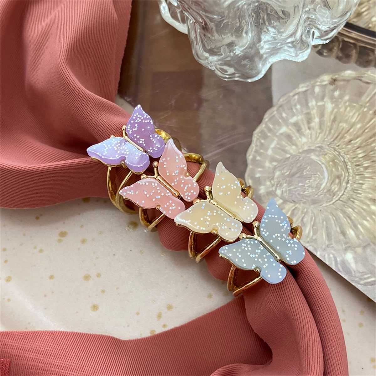 Red Acrylic & 18K Gold-Plated Butterfly Ring Set