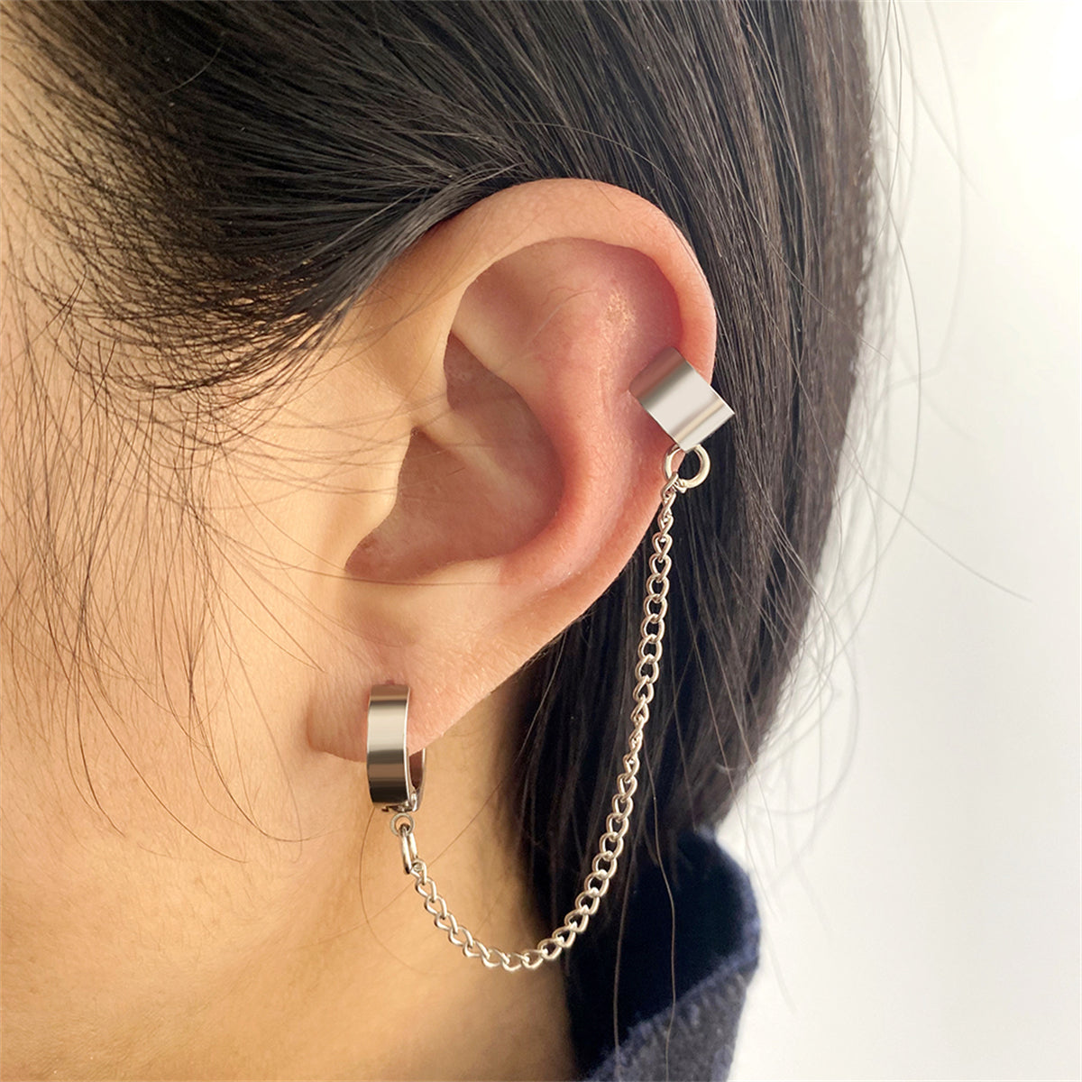 Silver-Plated Huggie Earring and Chain Ear Cuff, silver huggie earrings, dainty minimalist design, front view