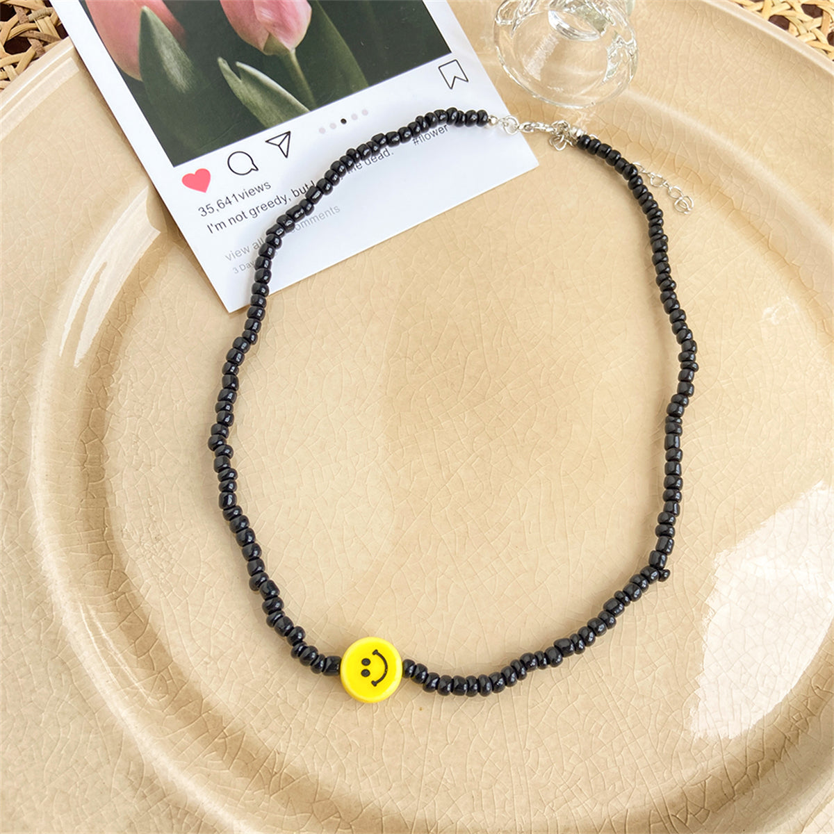 Black Howlite and Silver-Plated Smiley Beaded Choker Necklace, silver pendant necklace for women, styled look