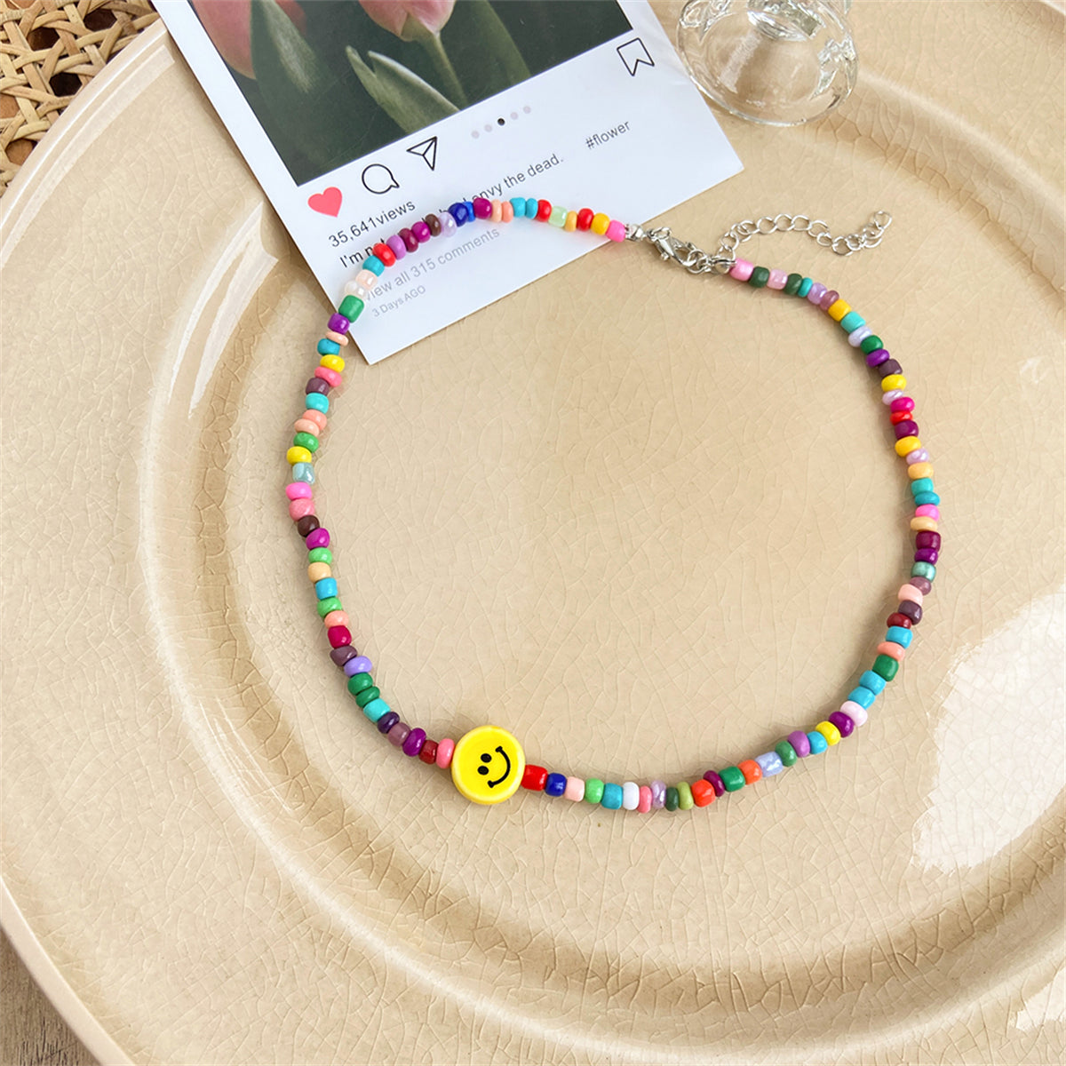 Yellow and Howlite Multicolor Smiley Beaded Choker Necklace, pendant necklace for women, lifestyle look