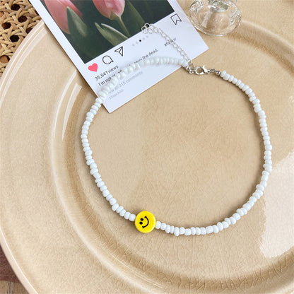 Yellow and White Howlite Smiley Face Beaded Necklace, pendant necklace for women, dainty minimalist design, detail close-up