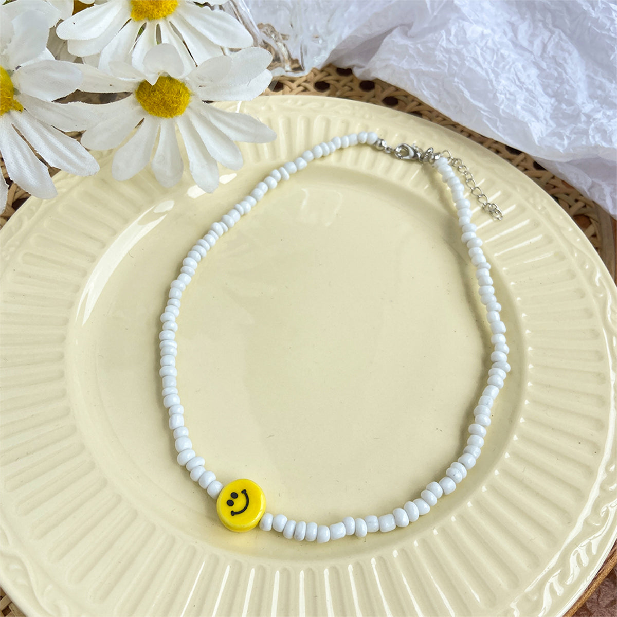 Yellow and White Howlite Smiley Face Beaded Necklace, pendant necklace for women, dainty minimalist design, lifestyle look