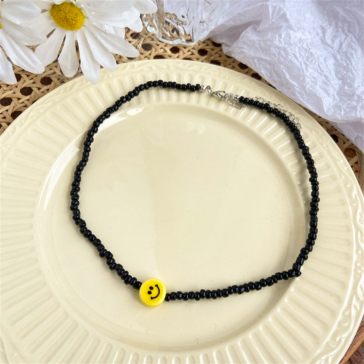 Black Howlite and Silver-Plated Smiley Beaded Choker Necklace, silver pendant necklace for women, detail close-up