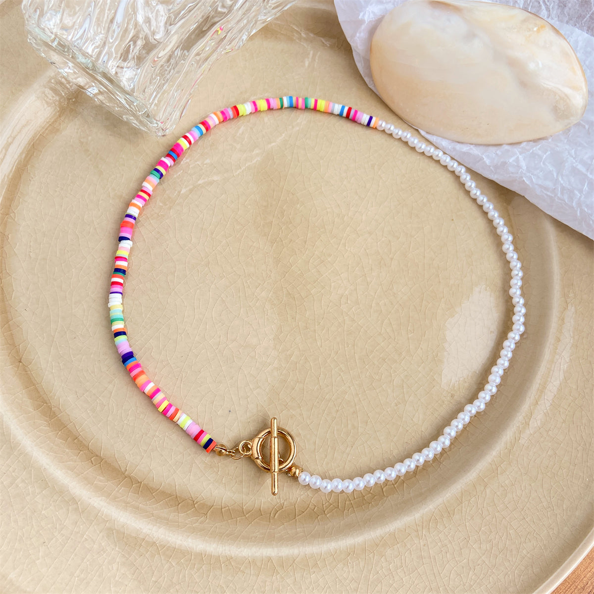 Multicolor Polymer Clay and Pearl Beaded Patchwork Toggle Necklace, pendant necklace for women, lifestyle look