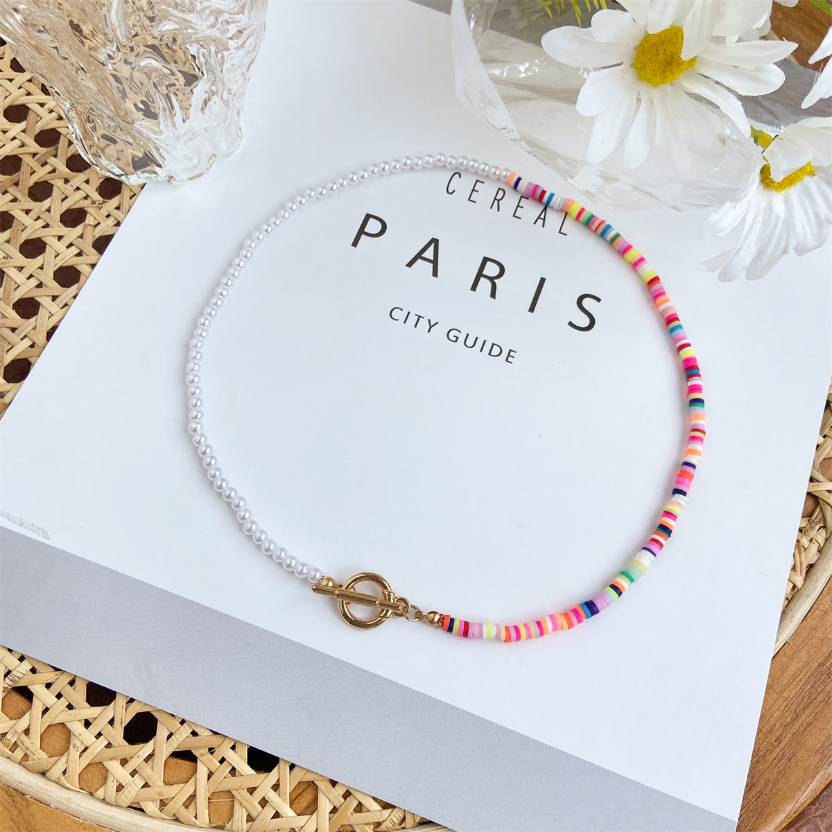 Multicolor Polymer Clay & Pearl Beaded Patchwork Toggle Necklace