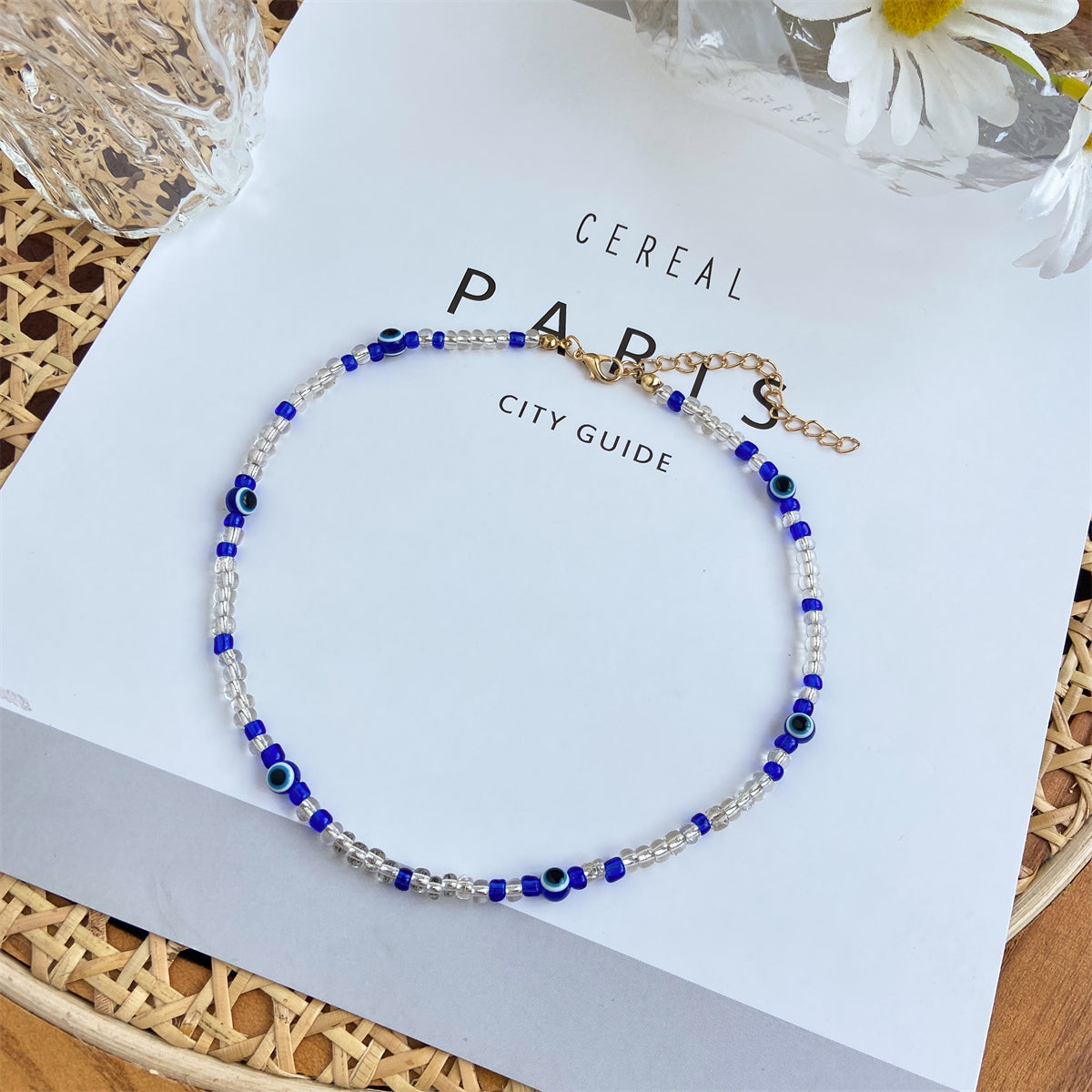 Blue Acrylic and 18K Gold-Plated Evil Eyes Beaded Choker Necklace, gold pendant necklace for women, styled look