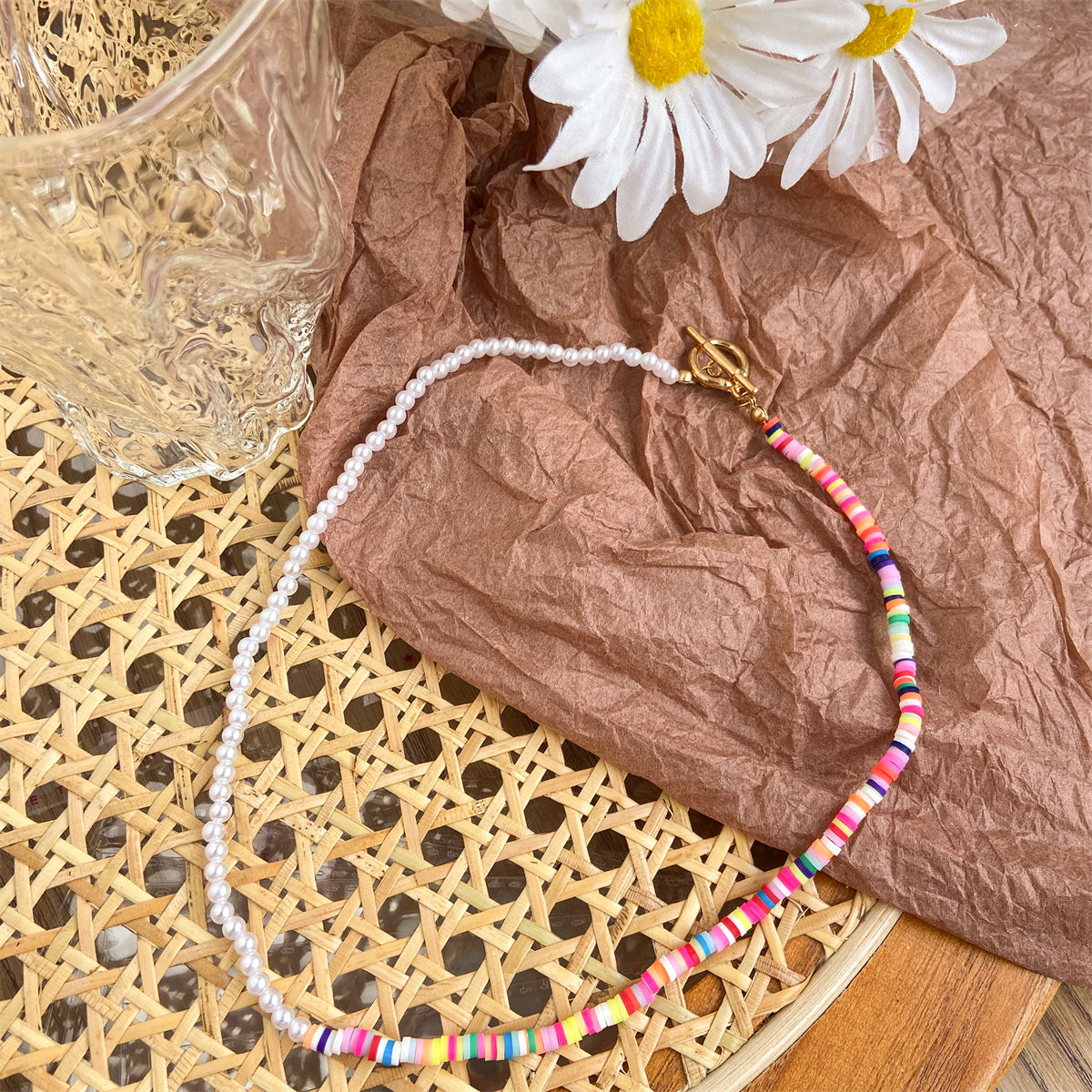 Multicolor Polymer Clay & Pearl Beaded Patchwork Toggle Necklace