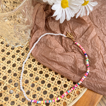 Multicolor Polymer Clay & Pearl Beaded Patchwork Toggle Necklace