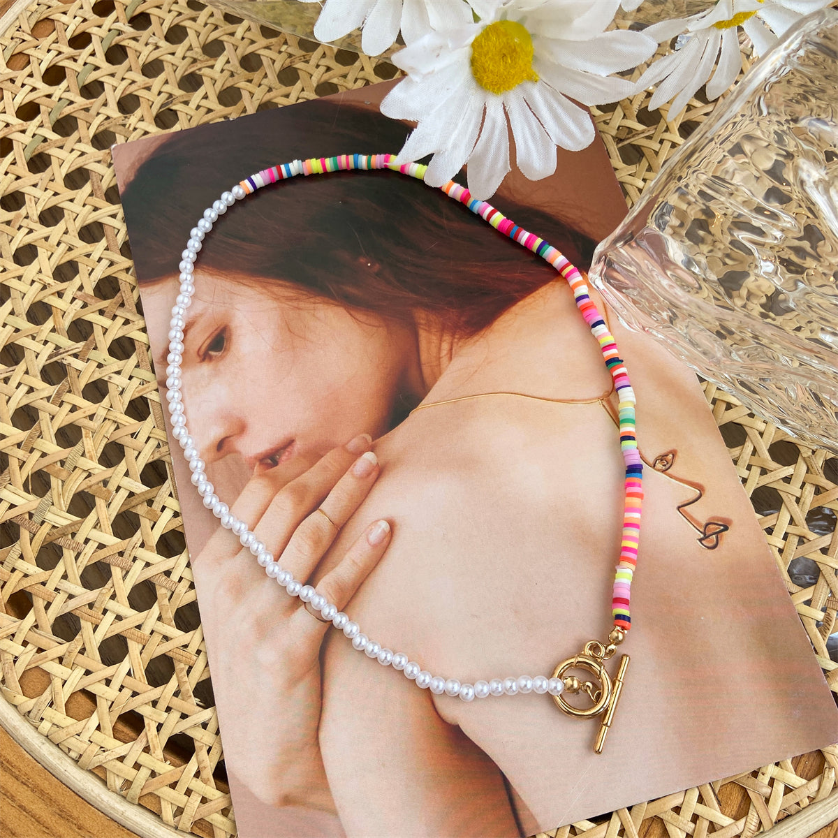 Multicolor Polymer Clay & Pearl Beaded Patchwork Toggle Necklace