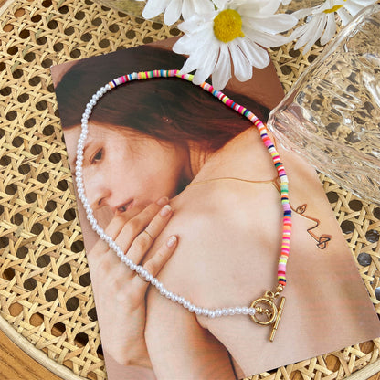 Multicolor Polymer Clay & Pearl Beaded Patchwork Toggle Necklace